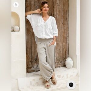 Beige Linen Pants with Elastic Waist